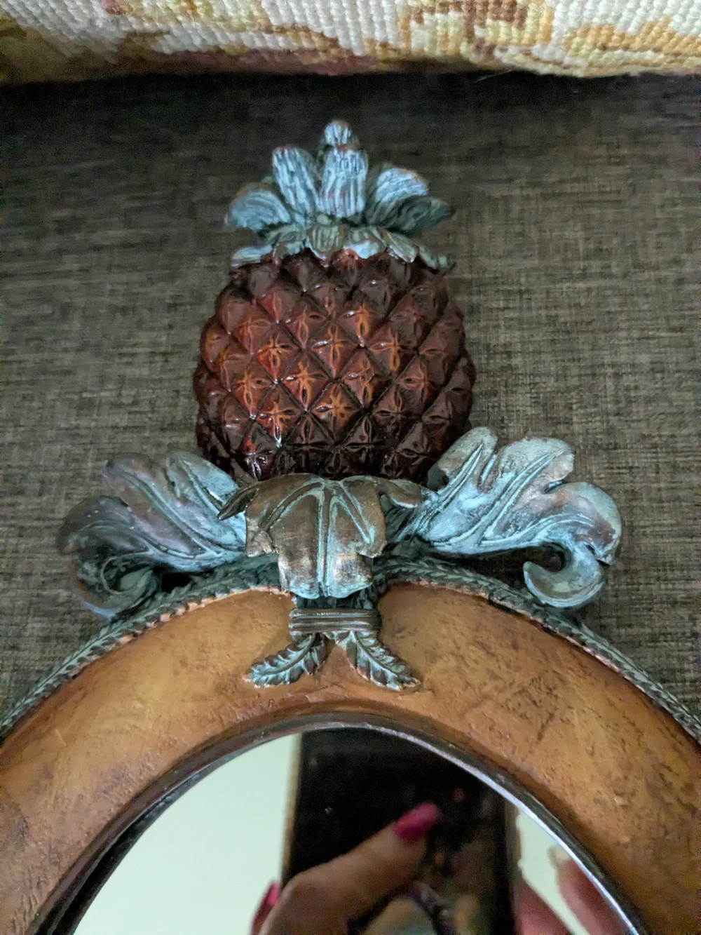 Ornate Brown And Aged Teal Oval Wall Mirror with Pineapple Finial